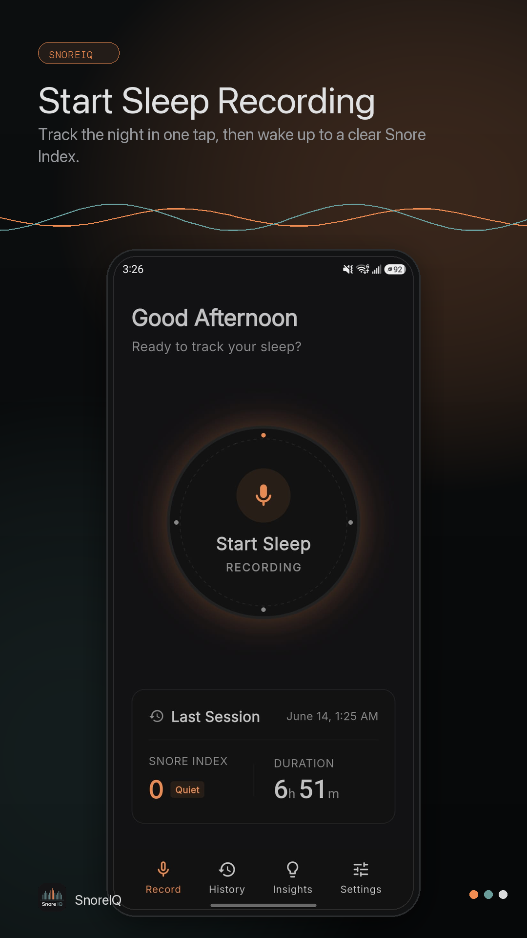 SnoreIQ recording screen with a start sleep recording button.